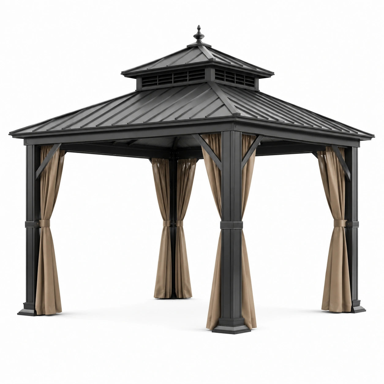 Pavillon aus Aluminium mit Polyester-Vorhängen Dunkelgrau/Braun