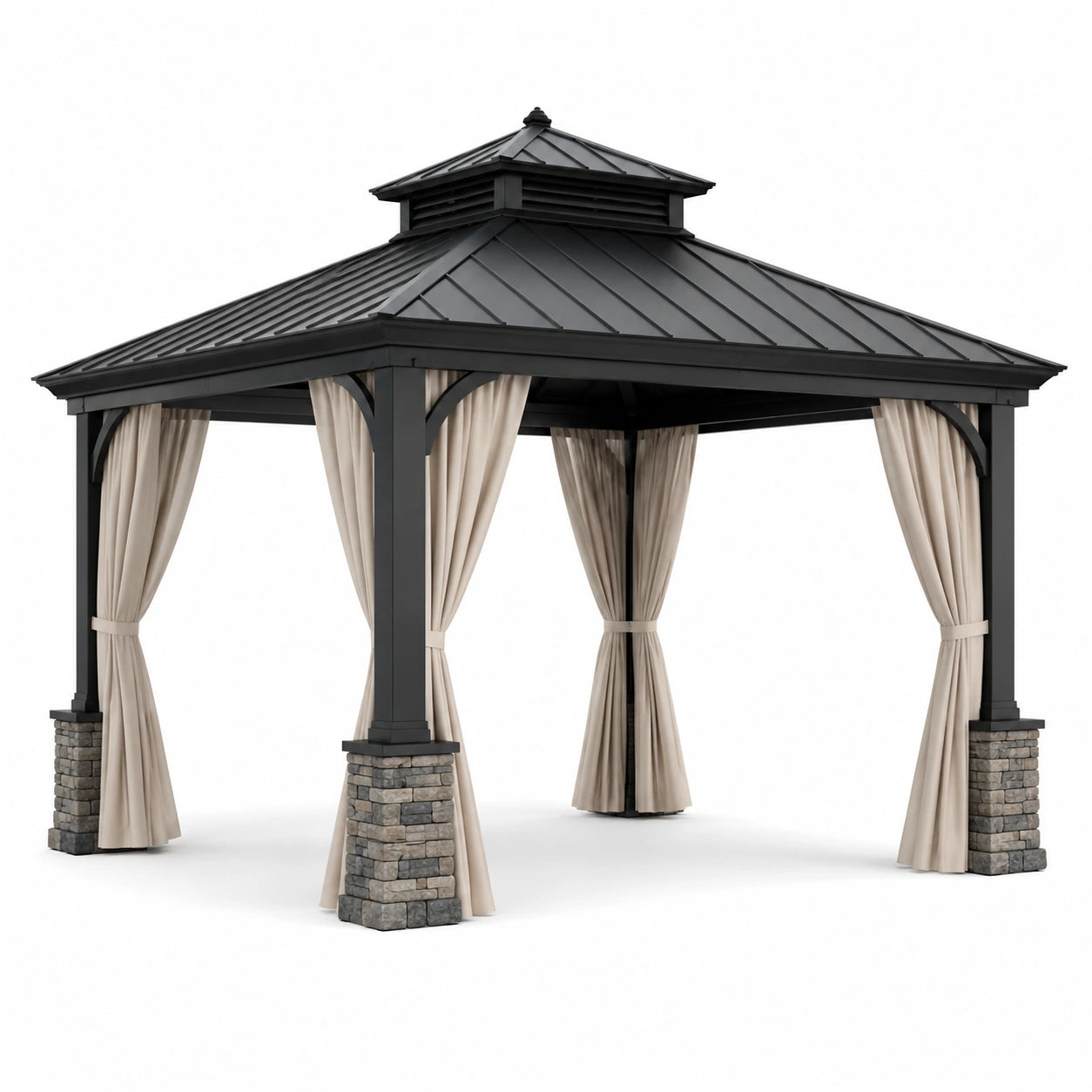 Gartenpavillon aus Aluminium und Stahl mit Vorhängen Beige