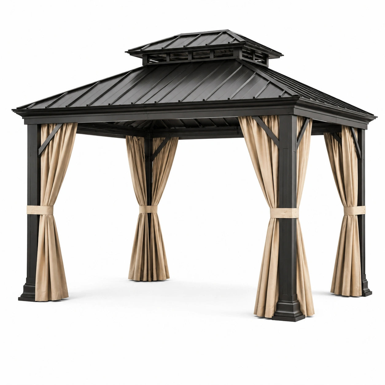 Stahlpavillon mit Polyester-Vorhängen Schwarz/Beige 3x3 m