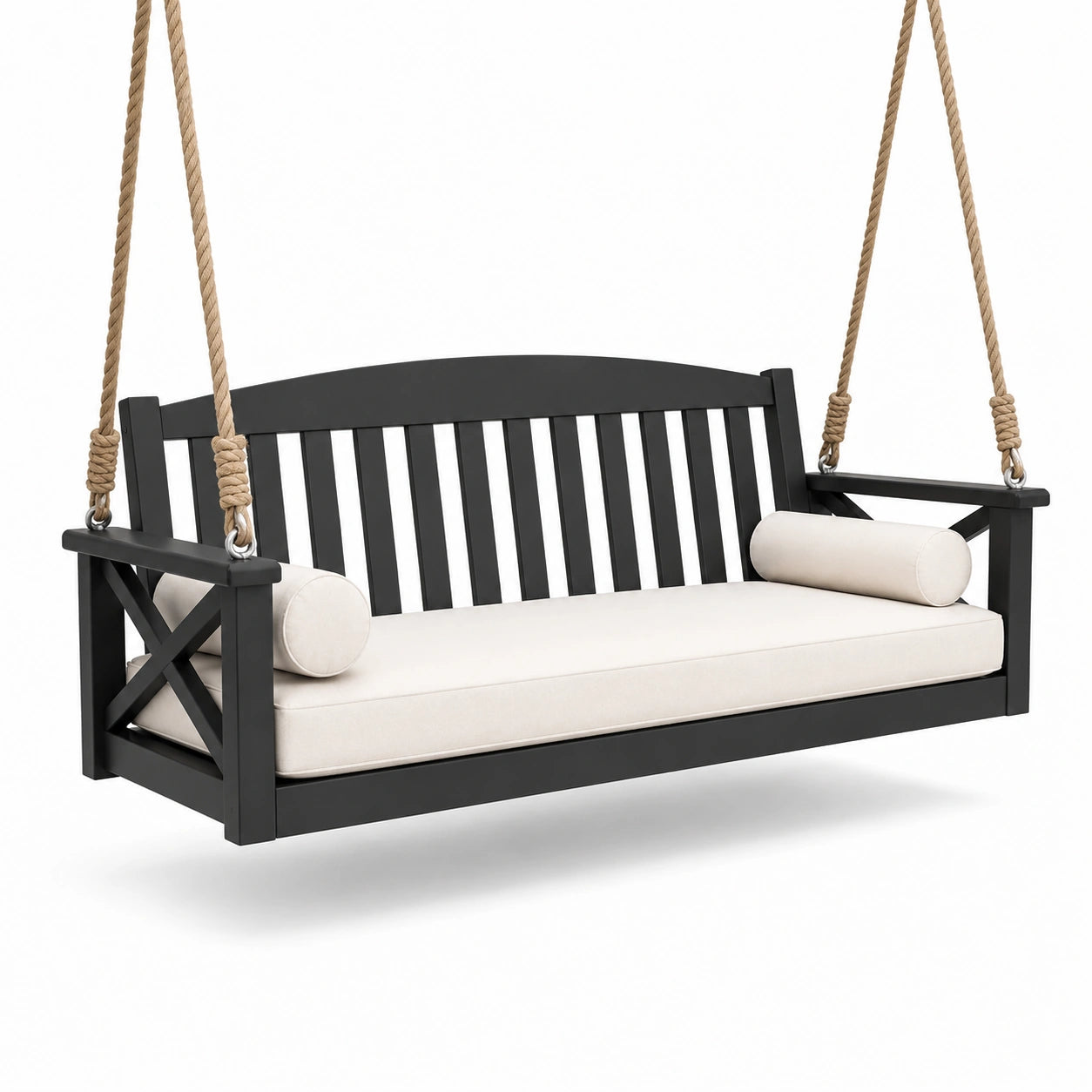 Holzschaukelbank Schwarz mit Kissen Creme 150 cm