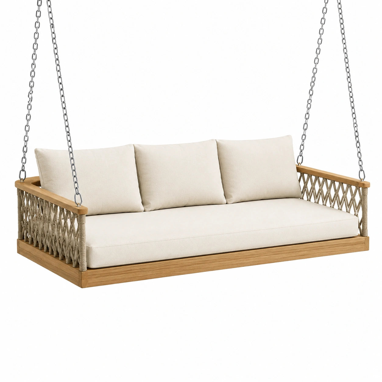 Teakholz Schaukelbank mit Polyesterkissen Beige