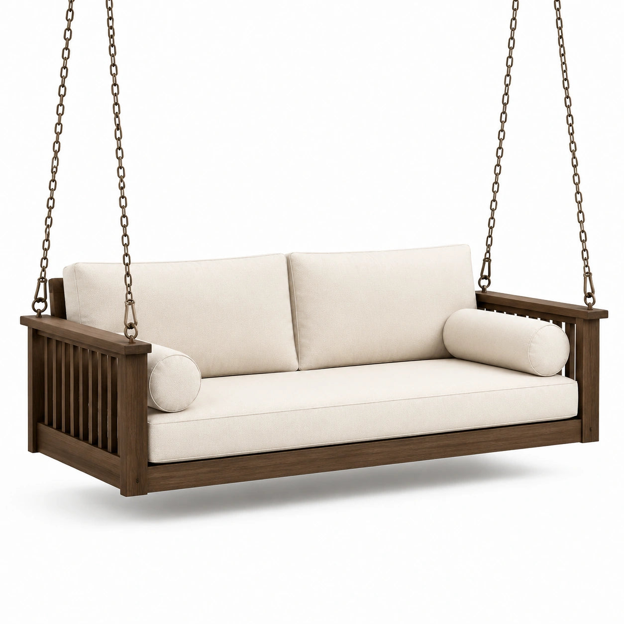 Holz Schaukelbank mit Leinen-Kissen und Stahlketten, Braun/Beige
