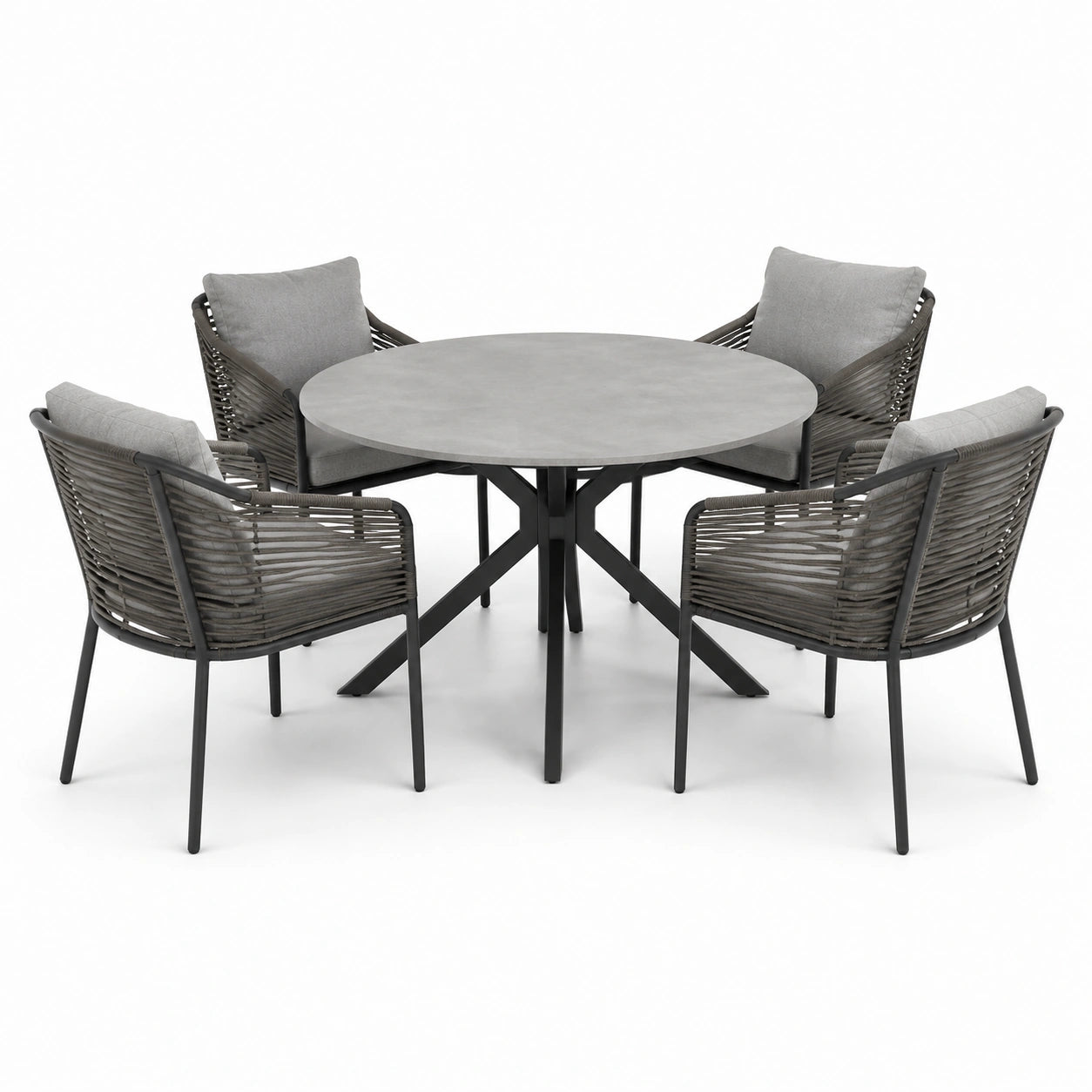 Runde Garten-Essgruppe mit Aluminium und Betonplatte in Grau mit 4 Rattanstühlen