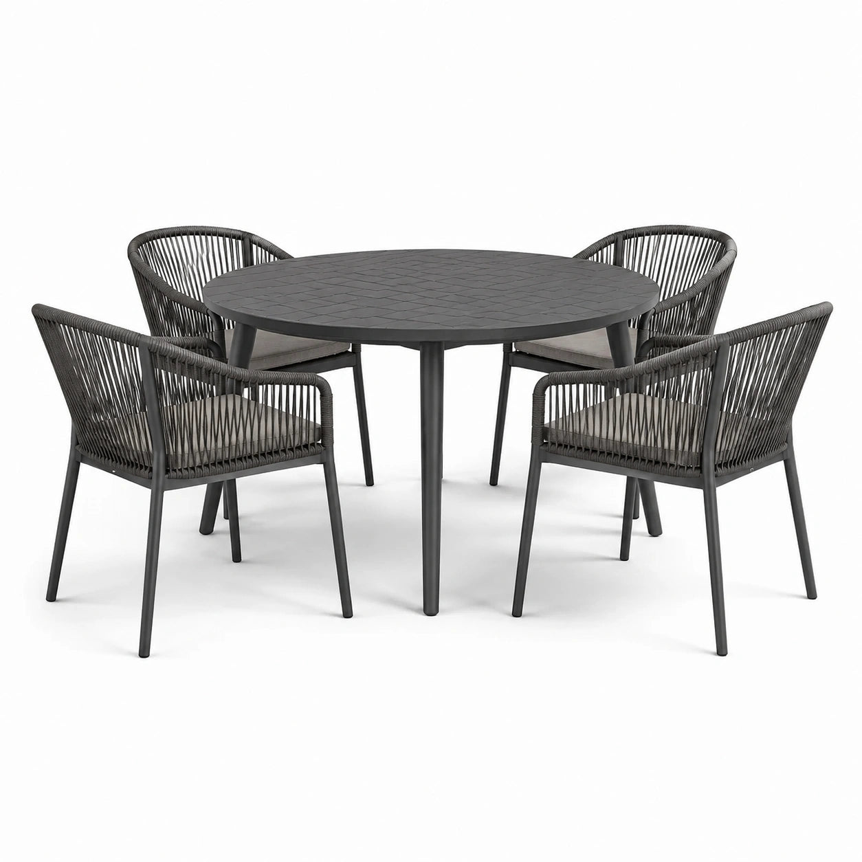 Runde Garten-Essgruppe aus Aluminium und Polyesterseil, Ø 120 cm, Dunkelgrau