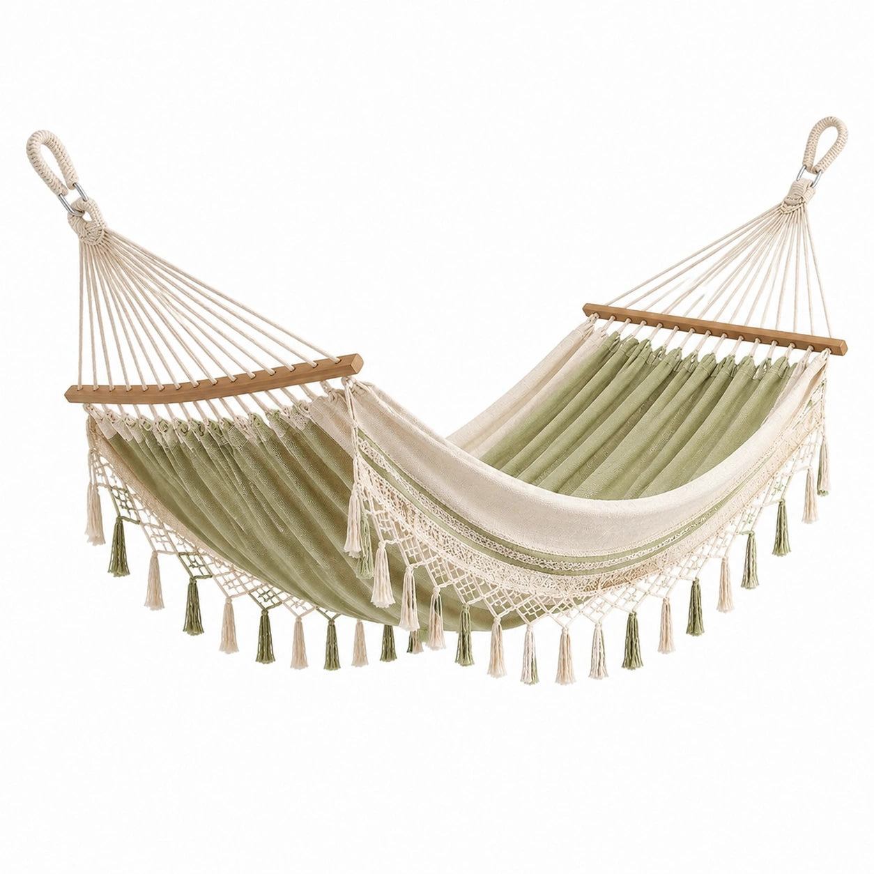 Baumwoll-Hängematte Grün/Beige mit Quasten 200x150 cm