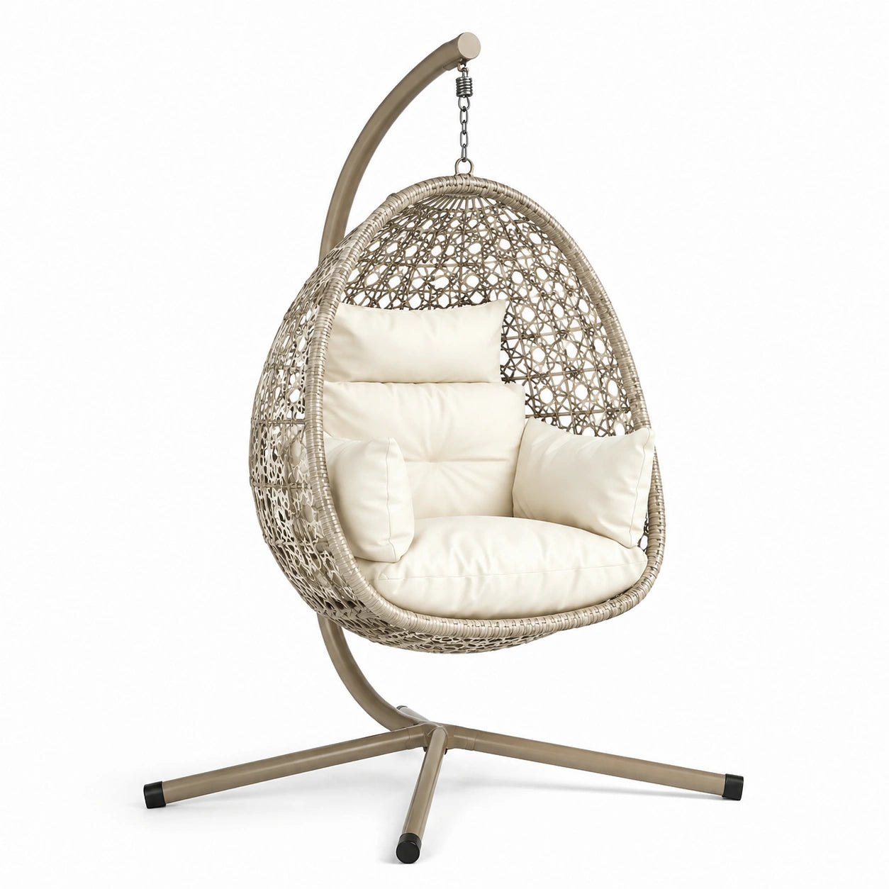 Rattan Hängesessel mit Stahlgestell und Polyesterkissen Beige