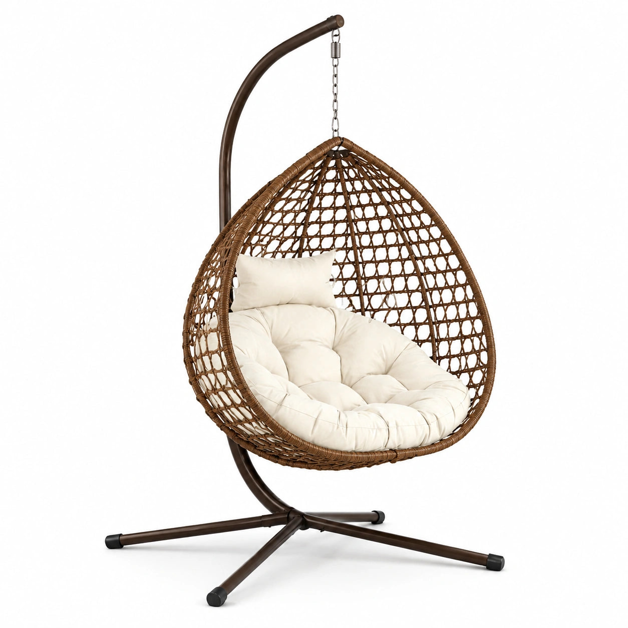 Hängesessel aus Stahl und PE-Rattan Braun mit Cremefarbenem Kissen